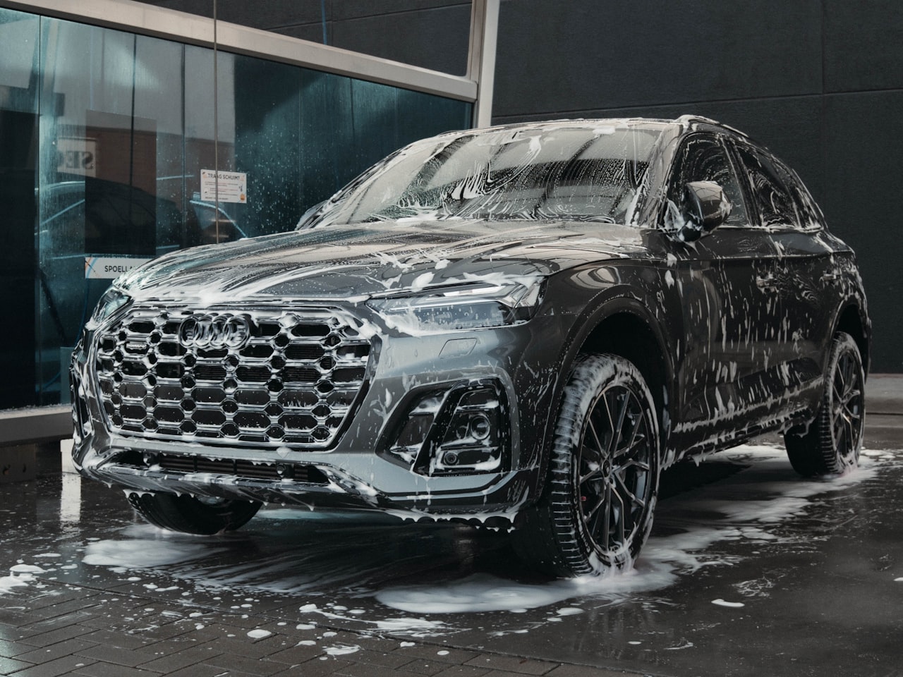 Dark SUV covered in snow foam during a professional mobile hand-wash in Sydney